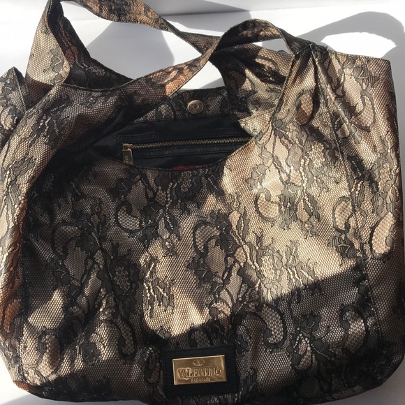 VALENTINO GARAVANI GREY/BLACK LACE OVERLAY HOBO - Picture 1 of 13